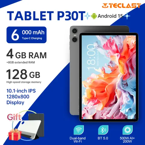 Tableta Teclast P30T de 10,1 pulgadas Android 15/UNISOC T606 de 8 núcleos 1,8 GHz/10GB(4GB+8GB)RAM/128GB ROM/WIFI/BT5.0/6000mAh/tipo-c/5MP+2MP