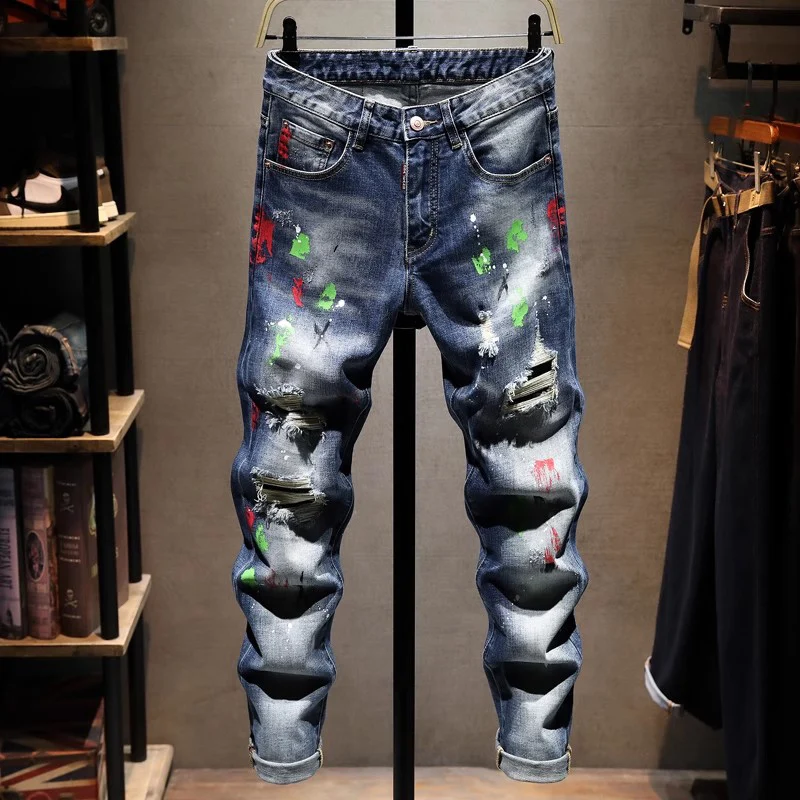 

Street Designer Fashion Men Jeans Retro Blue Stretch Slim Fit Painted Ripped Jeans Men Hip Hop Vintage Y2K Denim Pants Hombre