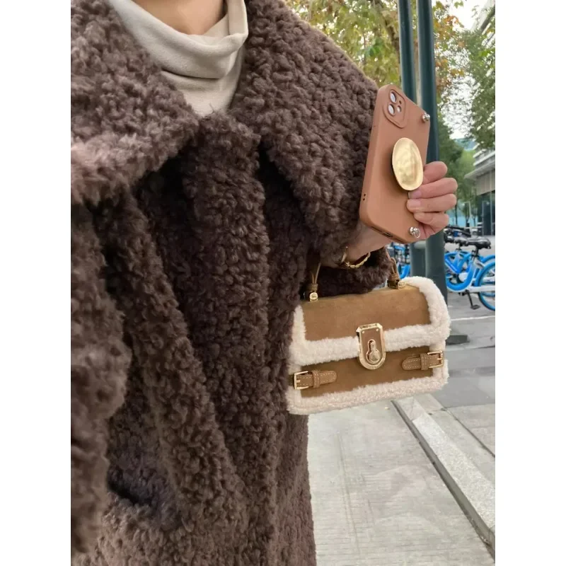 Lamb wool ladies autumn and winter atmosphere plush small square bag new high-grade patchwork hand crossbody bag