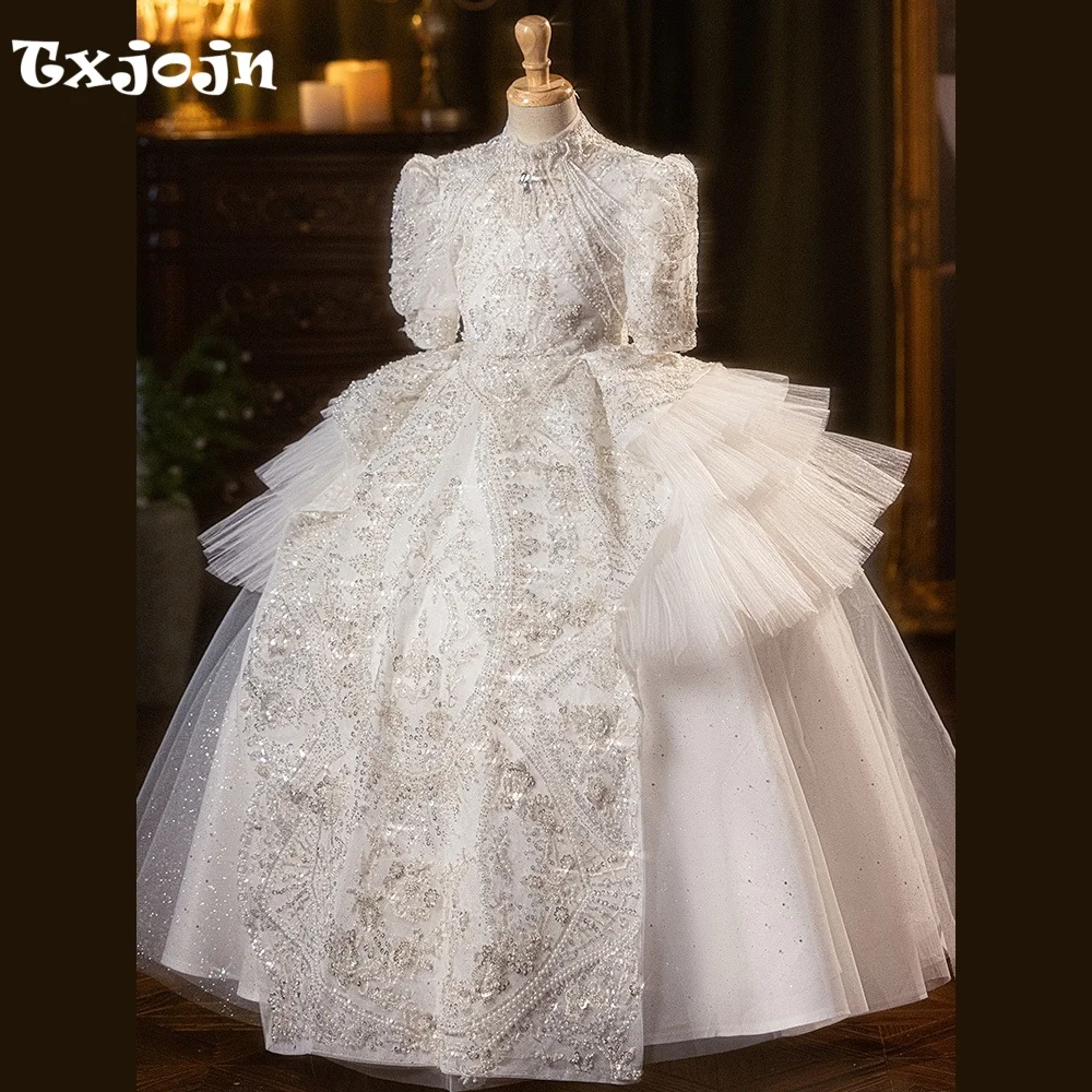 High-end Girl's Ball Gown Puff Sleeve Wedding Flower Girl New Princess Dress Toddler Teens Child Vestido Birthday Clothes 5-16Y