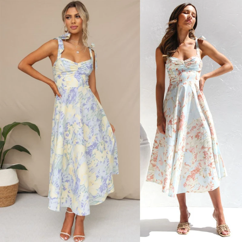 Robe longue à imprimé floral vert pour femmes, grande taille, col en V, style bohème décontracté, tenue de plage et de soirée, printemps été, 2024