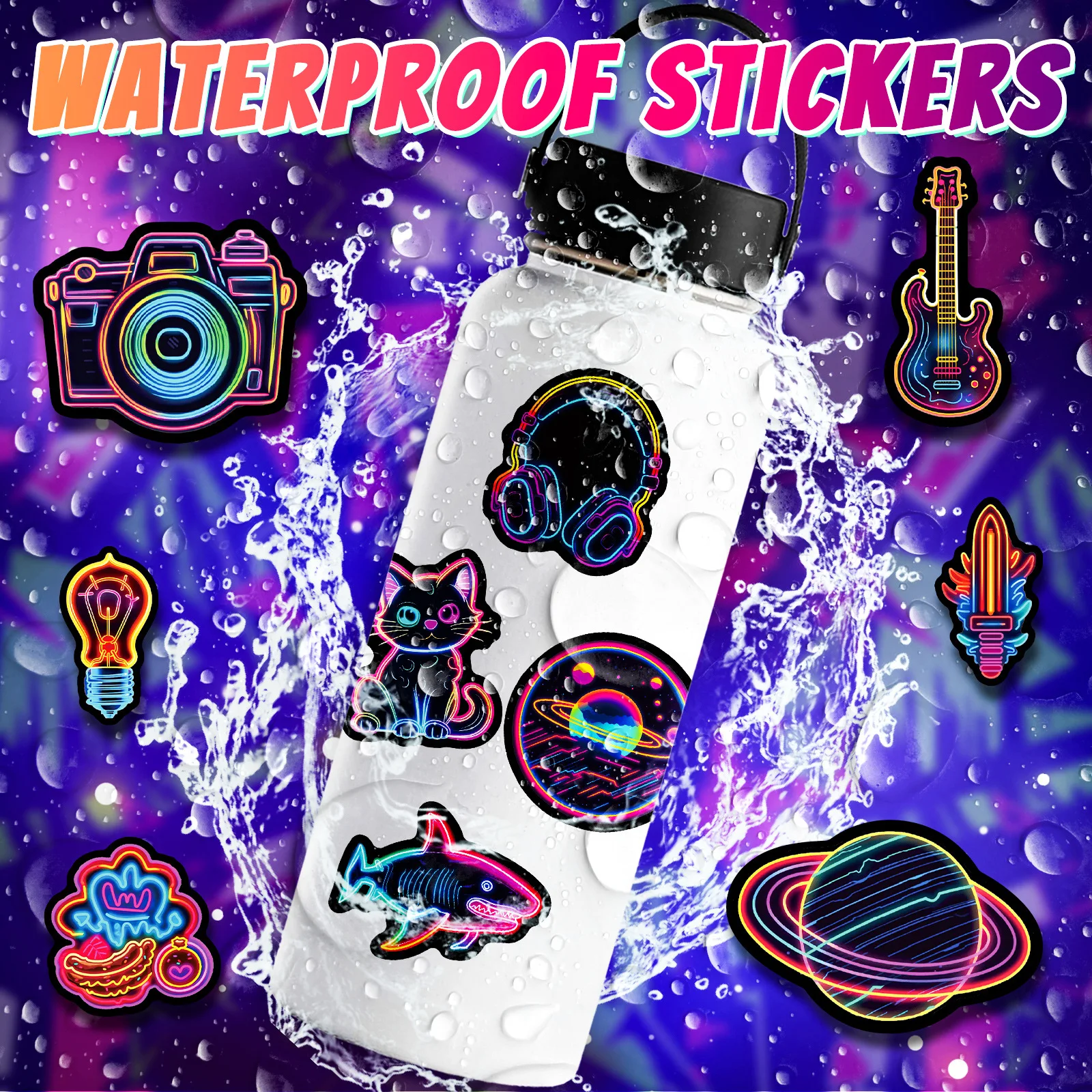 50PCS Cool Neon Light Stickers Trendy Graffiti Waterproof Vinyl Neon Stickers Pack for Phone