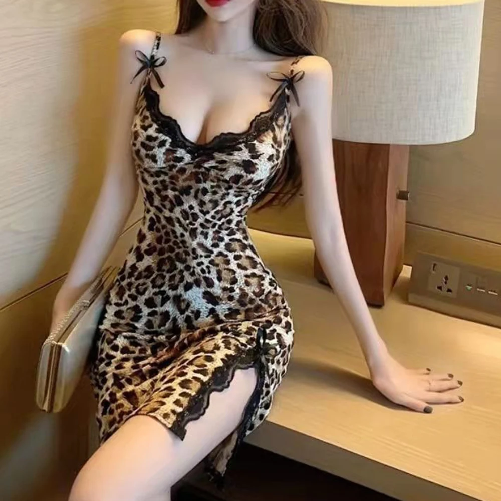 Lace Trim Leopard Nightdress V Neck Backless Side Split Slip Sleep Dress Women's Sleepwear Dresses