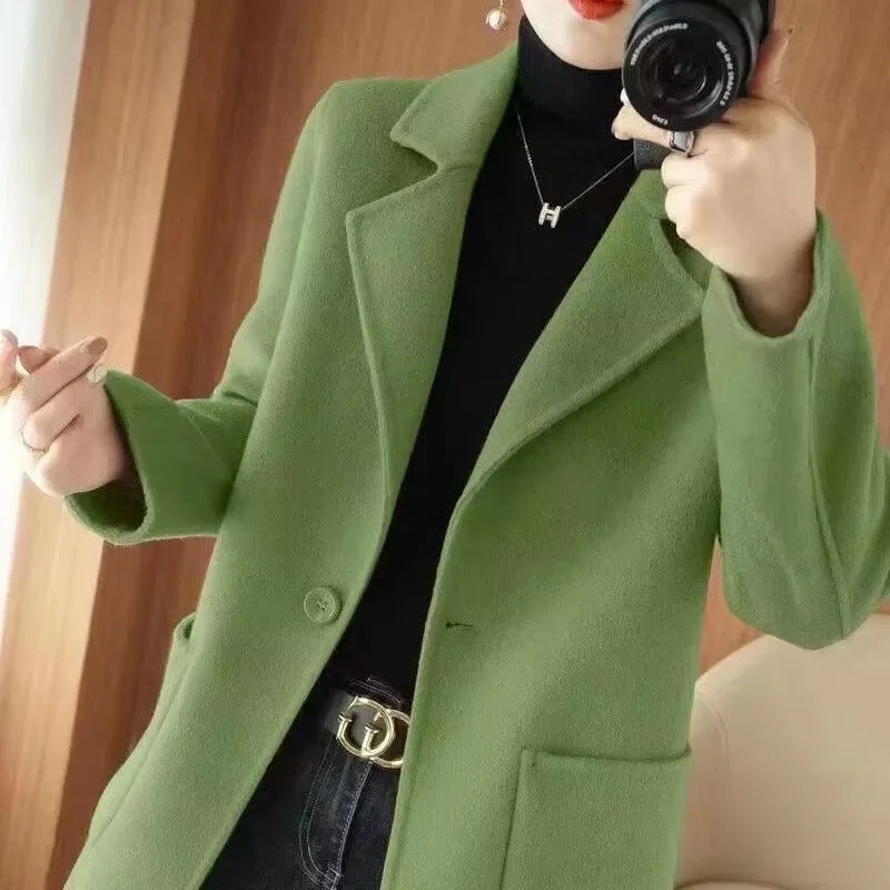 

Elegant Women Reversible Cashmere Coat Female Fashion Slim Fit Mid-Length Woolen Outwear One Button Casual Solid Color Outcoat