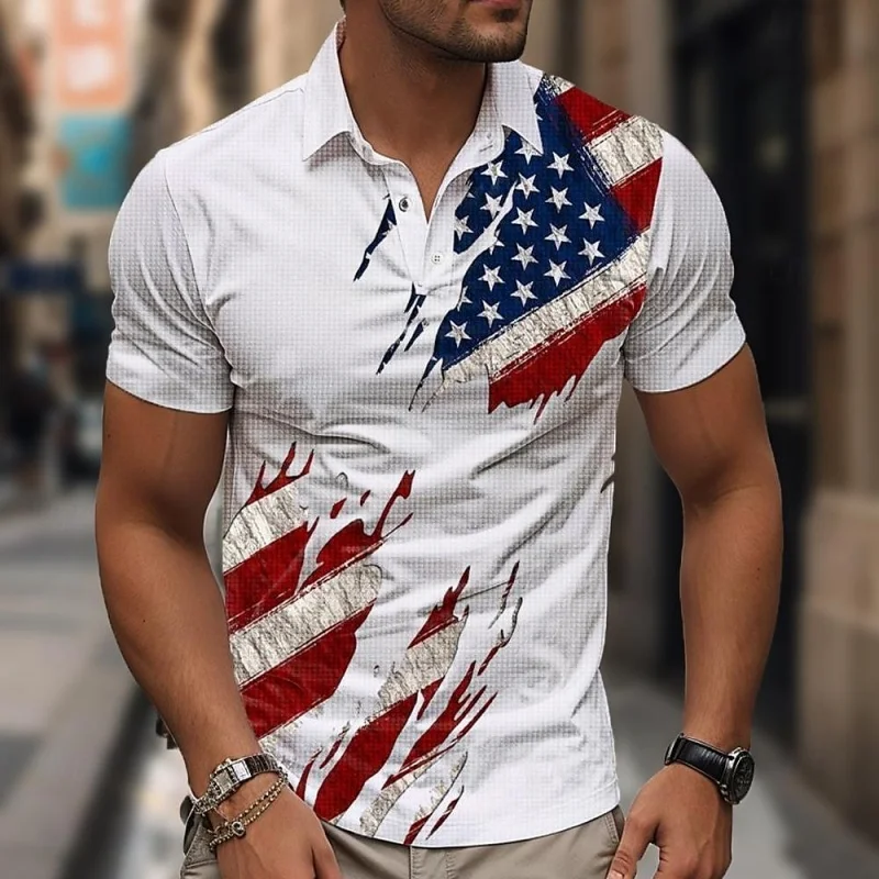 3D Printed America Flag Polo Shirt For Men Claw Mark Pattern Short Sleeves Summer Street Lapel T-Shirt Button Loose Tees Tops