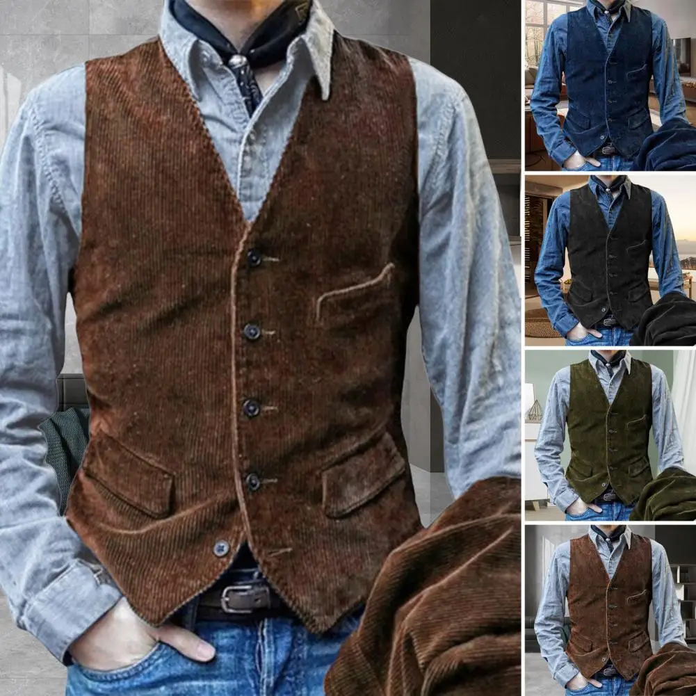 Retro Men Sleeveless Waistcoat V-Neck Single Breasted Vest Coat Solid Color Slim Fit Corduroy Waistcoat with Pockets