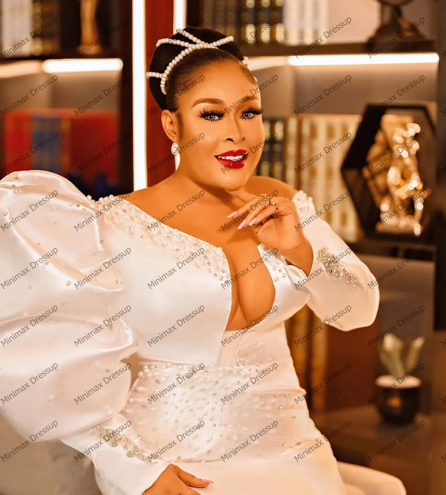 Plus ขนาดซาตินชุดเดรสเมอร์เมด Elegant Full แขนยาวแอฟริกาชุดเจ้าสาว Glitter ลูกปัดไข่มุก Aso Ebi ชุดแต่งงาน