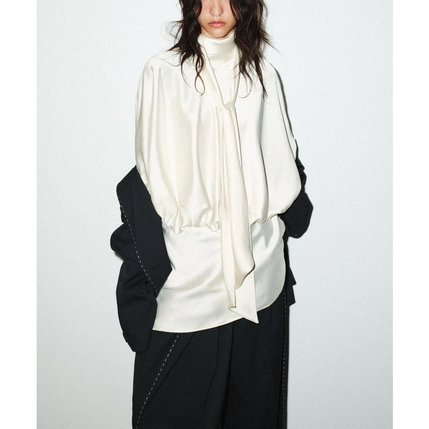 Soie Satin longue Sve col haut ample femmes Dr avec écharpe décontracté a-ligne jupe Polyester tissu fermeture à glissière