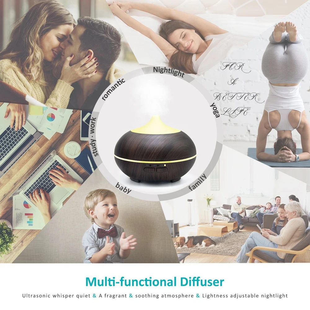 Upgraded 300ml Ultrasonic Essential Oil Diffuser with 7 LED Colors, 3 Timer Modes, Large Room Humidifier for Bedroom, Office, Li