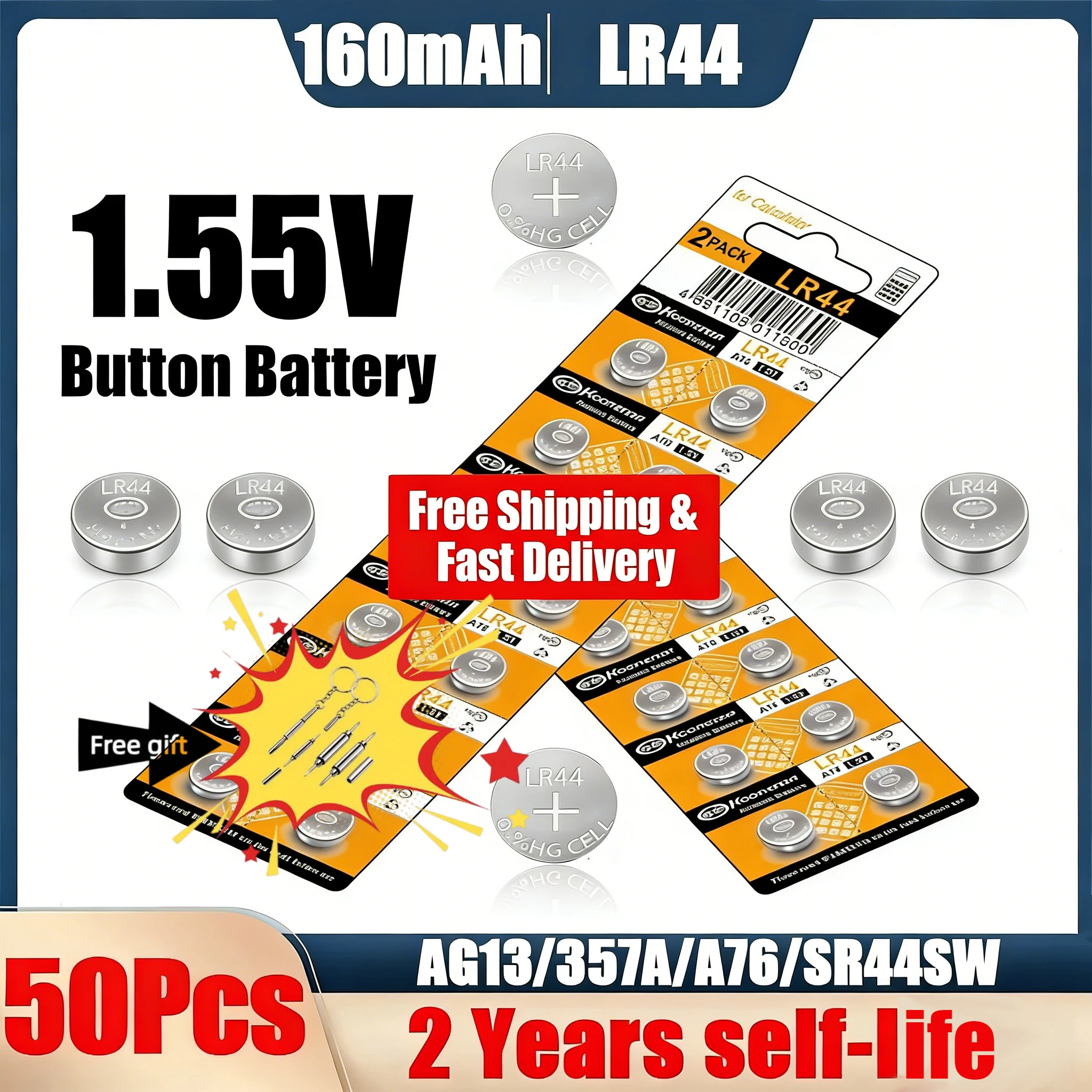 LR44 AG13 Battery 1.5V High Capacity (10-100PCS) Alkaline Button Cells A76 357A Replacement for Car Key Fob Watch Toy