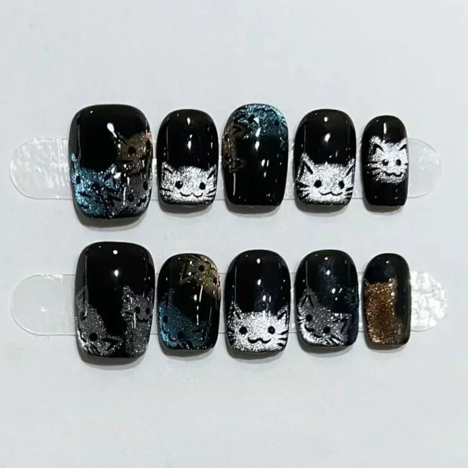 Black Cute Cat Handmade Press on Nails Crystal Cat Eye False Nail Glitter Glossy Fake Nails Short Square Acrylic Nails for Girls