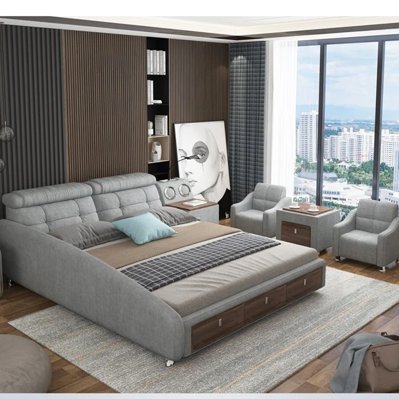 Nordic Storage Vanity Multifunctional Upholstery Bed, Modern Simple Bedroom Tatami Double Fabric Bed