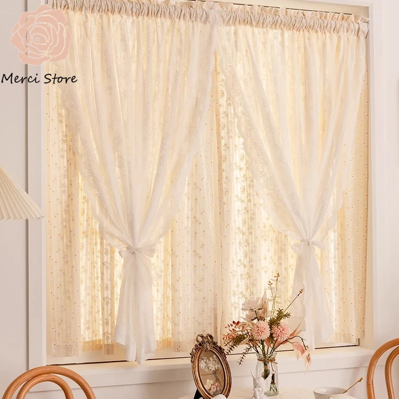 

French Double Layer Cloth Yarn Integrated Pastoral Lace Curtains for Living Room Small Window Gauze Filtering Seamless Design
