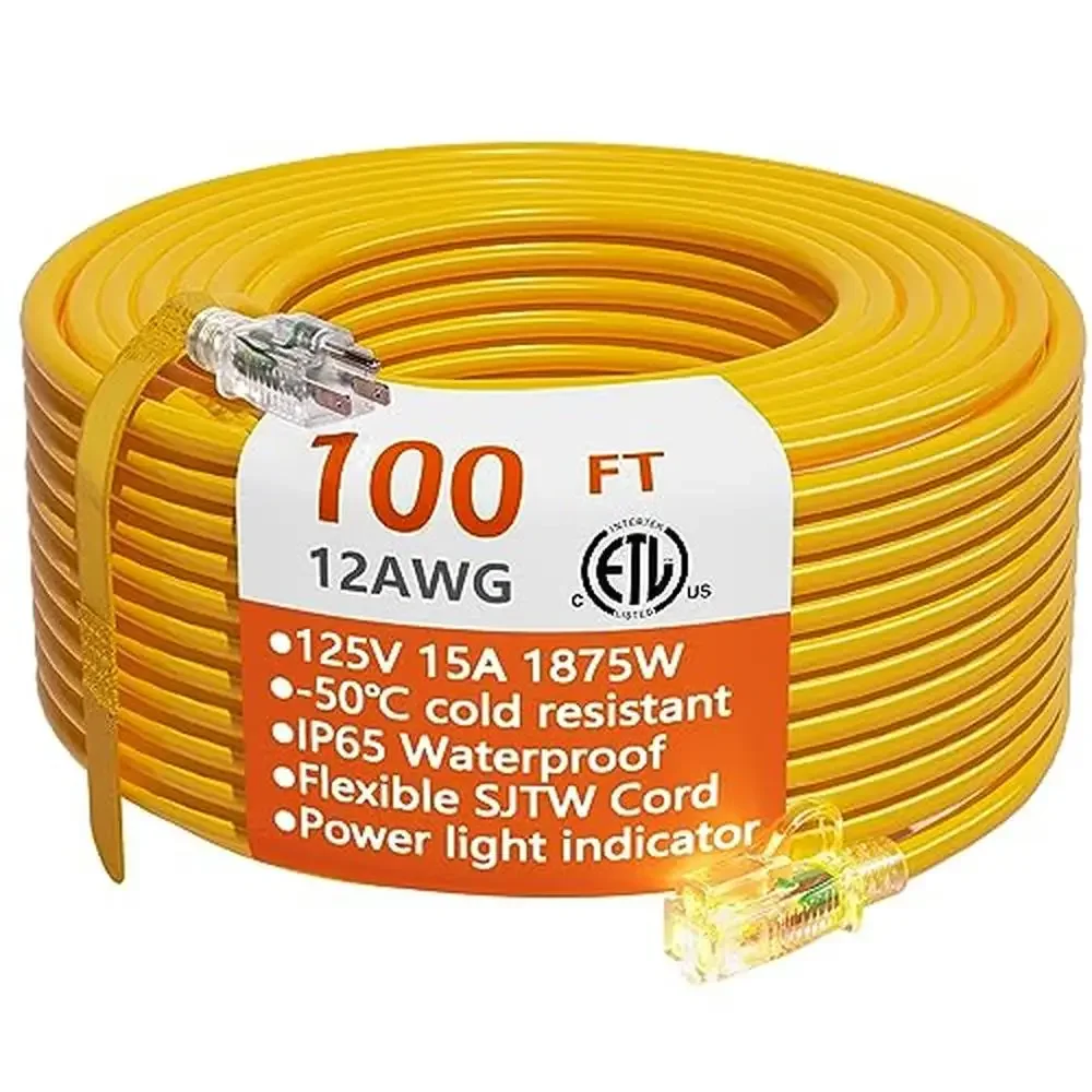 

Heavy Duty Waterproof Extension Cord 100 ft with Lighted End Flexible Cold-Resistant 3 Prong Electric Cable Indoor Outdoor Use