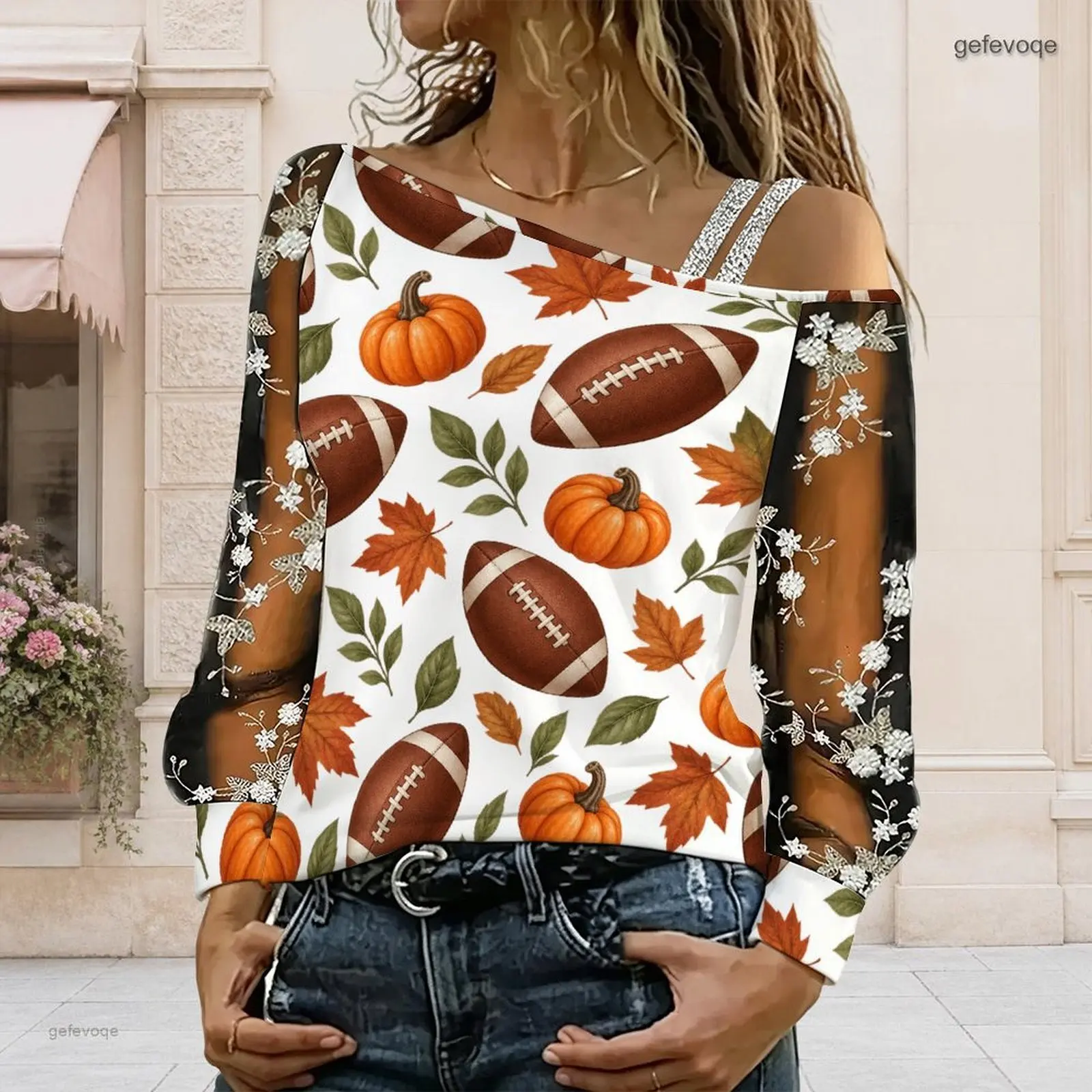 Women Printed Football Pumpkin Maple Leaf Asymmetric Off Shoulder Cold Shoulder Long Sleeve Top