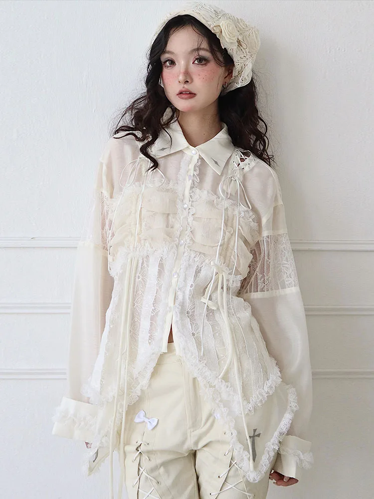 Women Long Sleeve Chiffon Blouse, Harajuku, Gothic, White, Streetwear, Vintage, Punk, Cool Girl, Sexy Fashion, Mesh Bandage, New