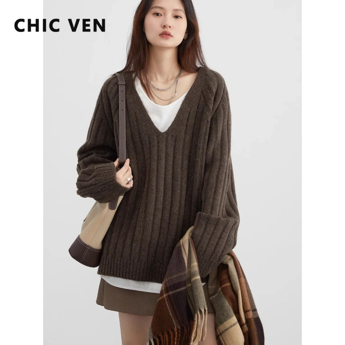 CHIC VEN Women Knitted Sweater Loose Casual New Soft V-neck Thick Pit Stripe Jumpers Mohair Female Tops Autumn Winter 2023