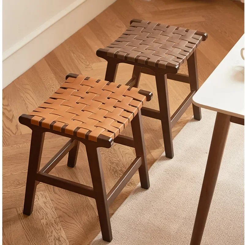 Vintage Woven Dining Chairs Square Home Shoe Changing Stool Saddle Leather Dressing Seat Solid Wood Frame Home Furniture