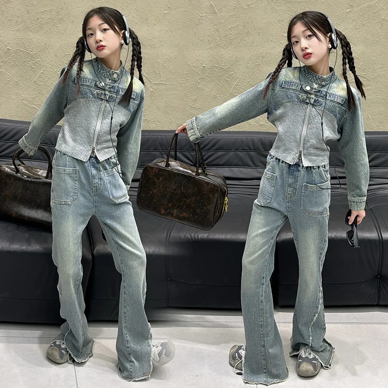 teen girls clothes set Design knitted spliced denim jacket+boot cut jeans 2pcs juniot kids bell-bottoms pants suit child outfits