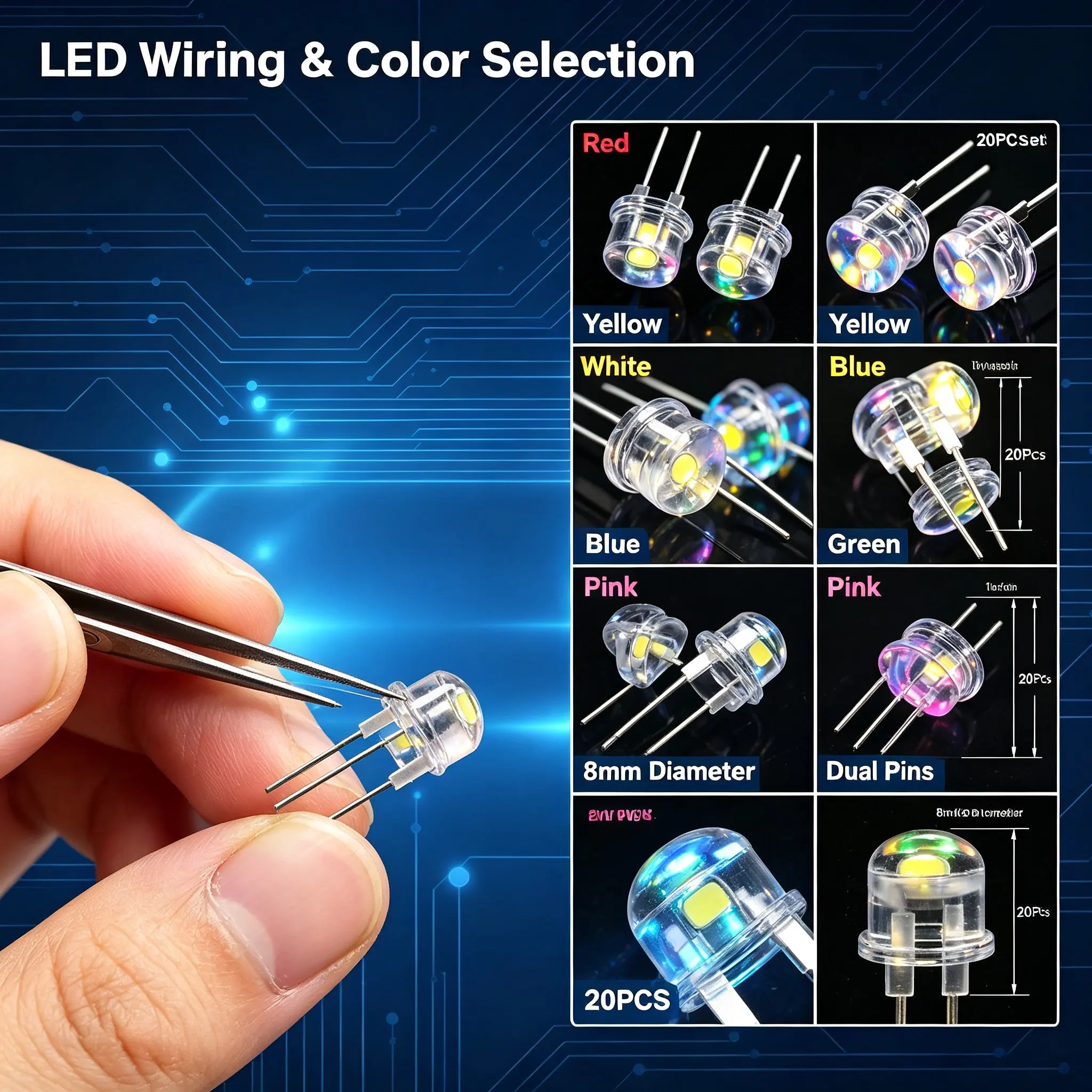 20PCS 8mm Straw Hat F8 LED Diode Ultra Bright Light Emitting Diode 0.25W 0.5W 0.75W White Red Yellow Green Blue Pink For Arduino