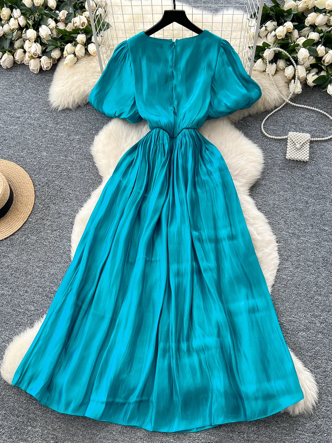 Vestido Largo E de Verano para Mujer, con Cuello Cruzado, Mangas Abullonadas, Cintura Alta con Hebilla Metálica y Dise...