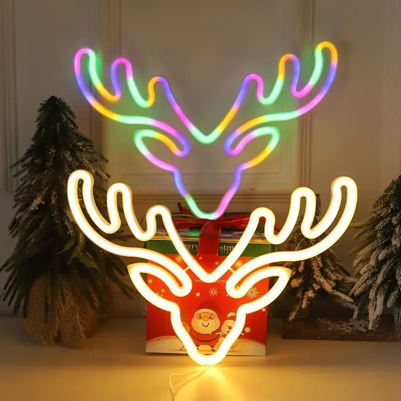 Deer Head LED Neon Light Sign Nightlight Lamp Christmas Hat Elk Tree Snowflake Decor Room Wall Shop Birthday USB & Battery