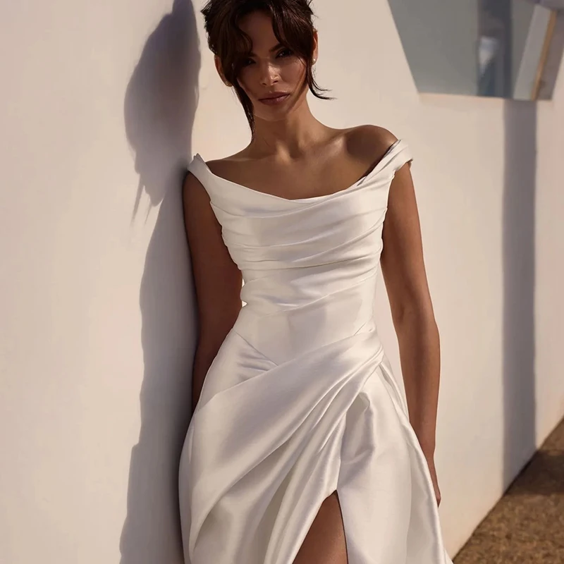 فساتين زفاف Eightree بسيطة من الساتان على شكل حرف a قبالة الكتف بفتحة جانبية فستان الزفاف للنساء فساتين حفلات الزفاف المسائية حسب الطلب