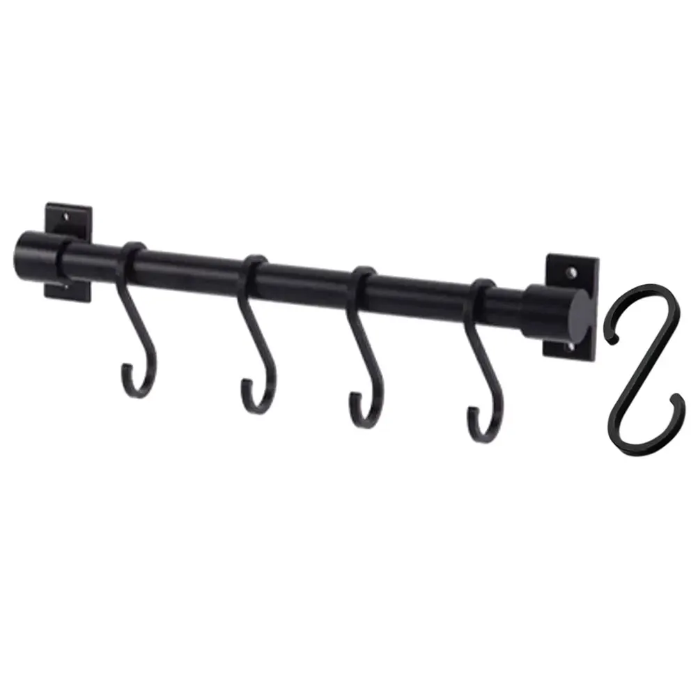 

5 Hooks 30CM Black Wall Mounted Kitchen Rail Rack Space Saving Utensil Hanger Pot Pan Holder Towel Rack Spoon Organizer