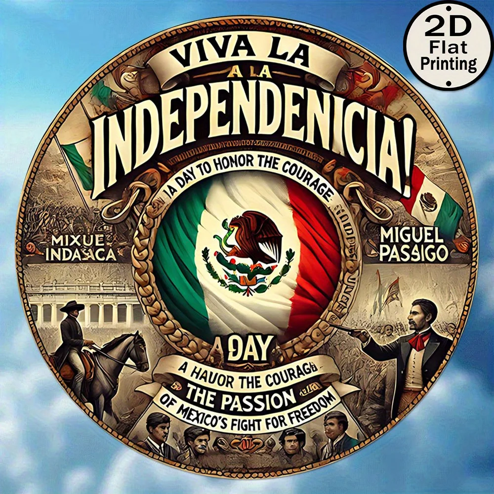 Letrero de Metal HD, Viva la Independencia México, Arte de Pared Redondo de Metal, Decoración del Día de la Independencia Mexicana