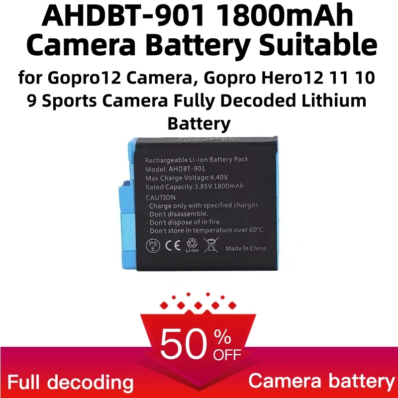 AHDBT-901 1800mAh Camera Battery Suitable for Gopro12 Camera Gopro Hero12 11 10 9 Sports Camera Fully Decoded Lithium Battery