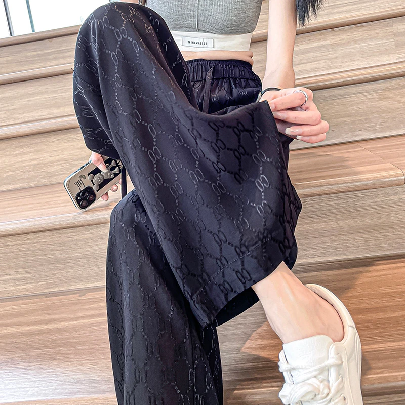 Ice silk wide leg pants for women in summer, thin design, high waist, hanging feeling, loose floor pants, long pants