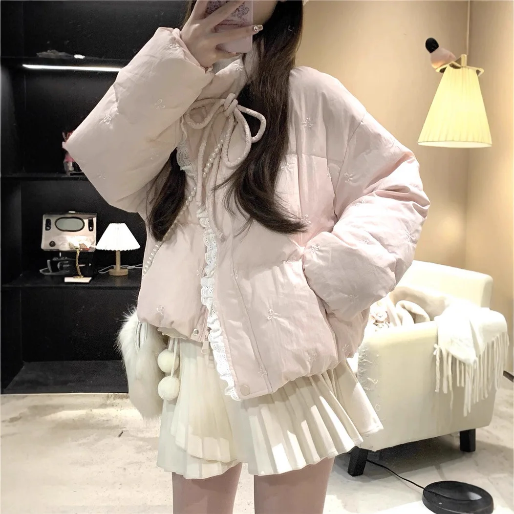 Lace Patchwork Down Cotton Jacket for Women, 2025 New Winter High-end Pink Bow Tie