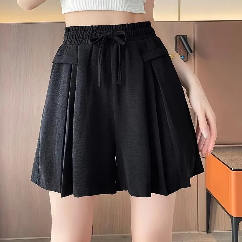 

Women's Ice Silk Pleated Shorts Summer Elastic Waist Loose Casual Wide Leg Pants