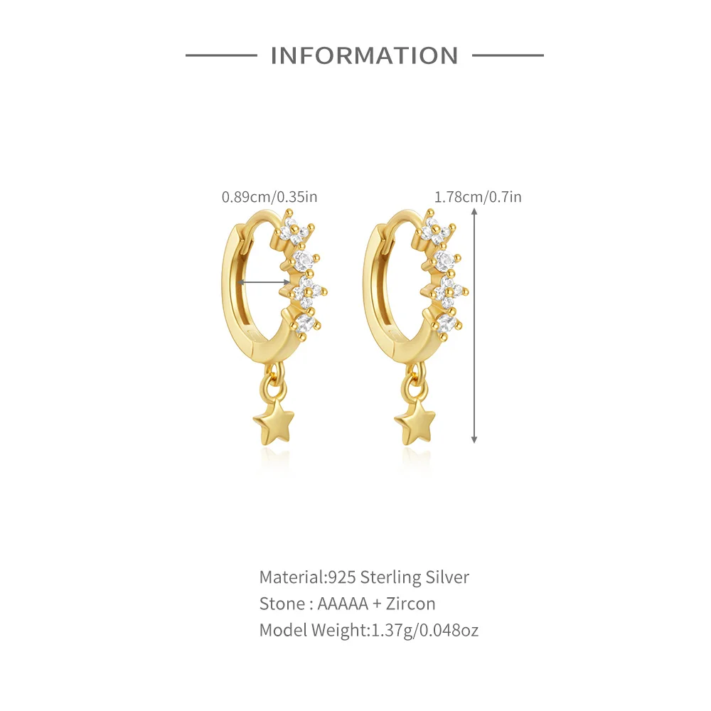 CANNER 925 Sterling Silver Smooth Star Pendant Drop Earrings For Women 18K Gold Ins Zircon Hoop Earrings Fine Jewelry Gifts