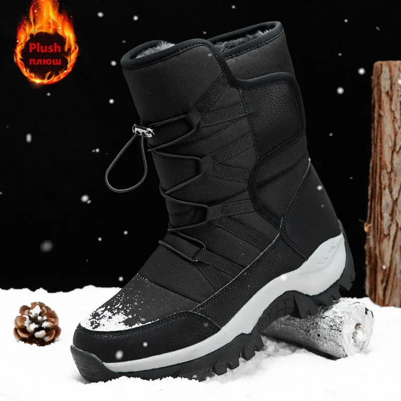 

New Winter Hiking Boots Warm Plush Men's Boots High Top Couple Snow Boots Winter Outdoor Anti-Slip Ankle Boots Work Casual Boots