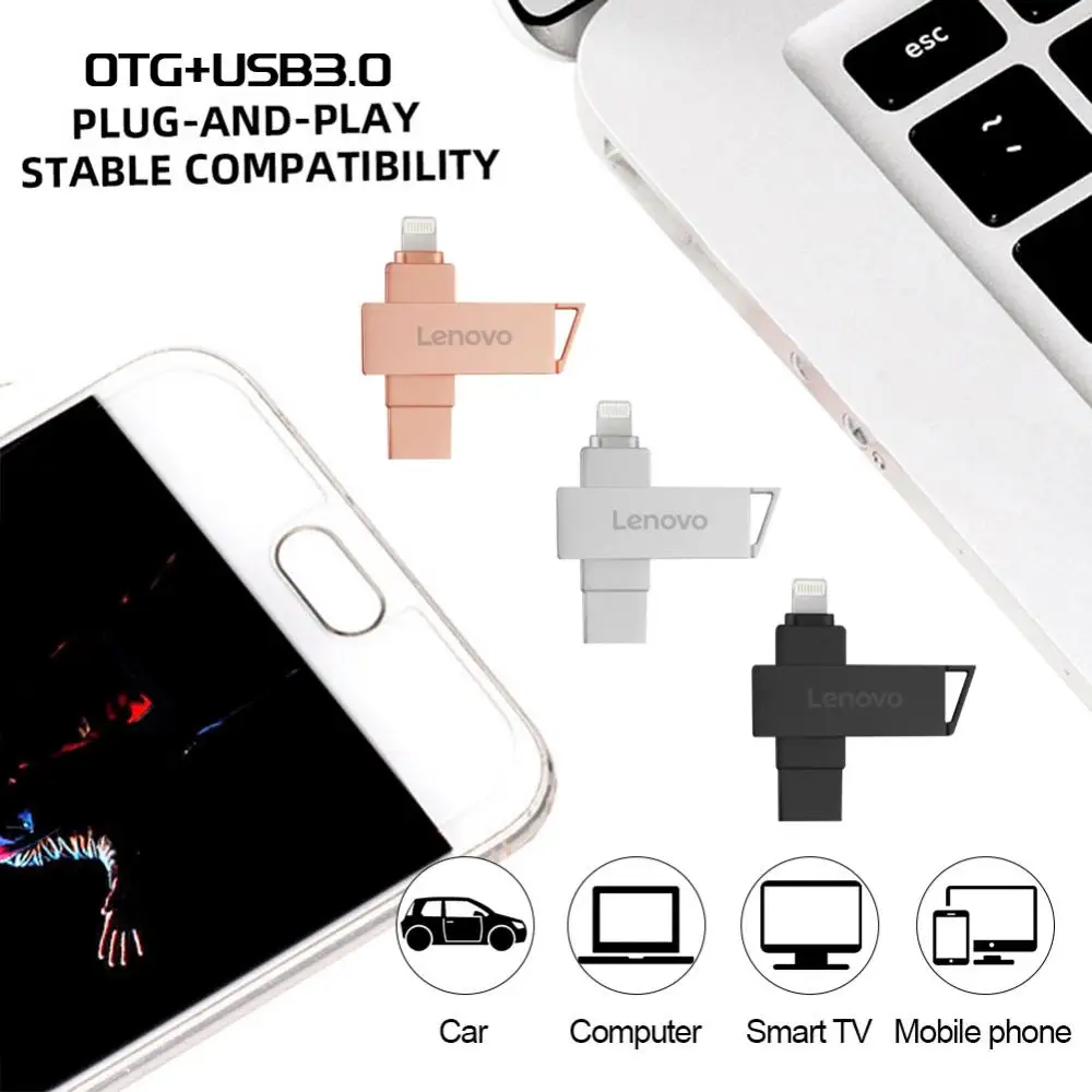 레노버 아이폰용 회전 USB 플래시 드라이브, 라이트닝 인터페이스, 2 in 1, USB3.0, 펜드라이브, 2TB, 아이폰 11, 12, 13, 14, 15, 아이패드용