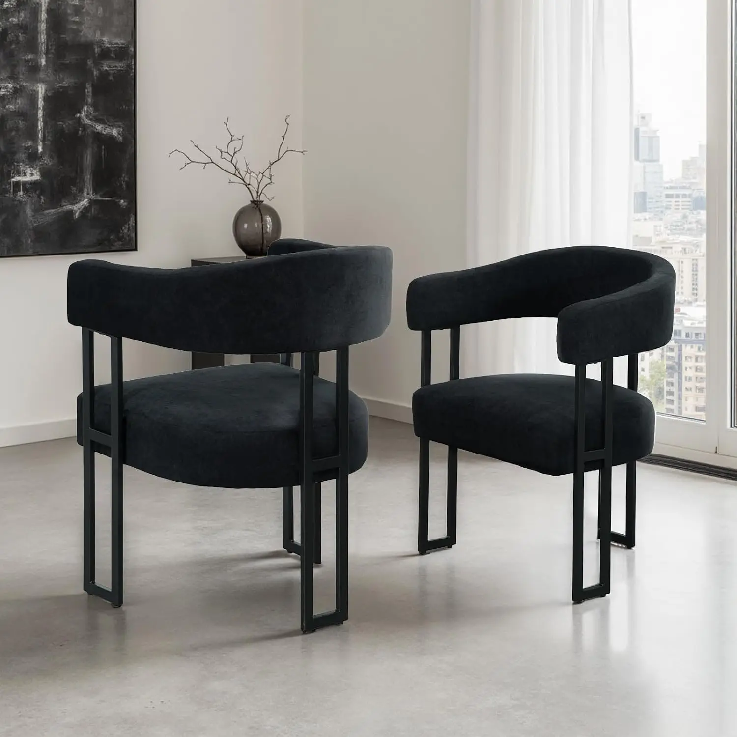 Boucle Black Barrel Dining Chairs Set of 4 with Arm & Metal Leg Elevated Backrest for Kitchen Living Room, Customized