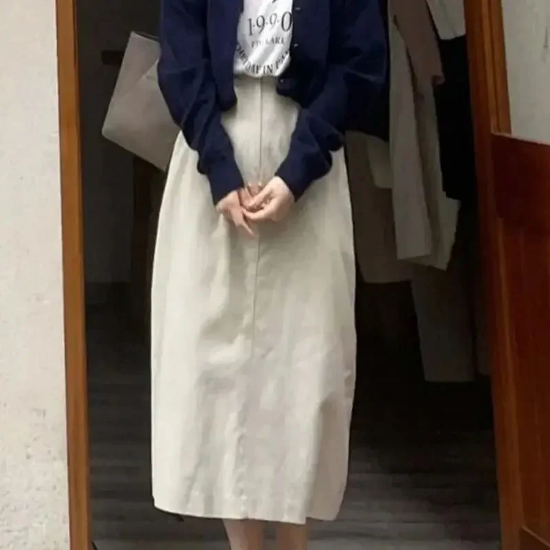 

New Autumn Casual Skirt Women Elegant High Waist A-line Casual Loose Pocket Back Fork A-line Midi Skirts Jupe Office Lady