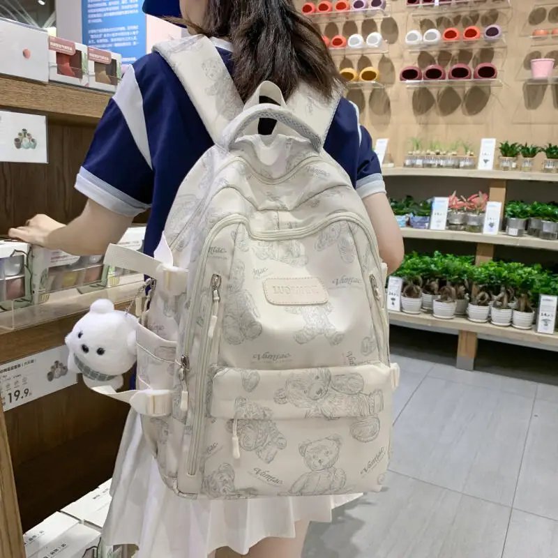 Cute Bear Pattern Backpack Doll Pendant Large Capacity Daypack Teen Girls Student School Bag Casual Daily Lightweight Rucksack