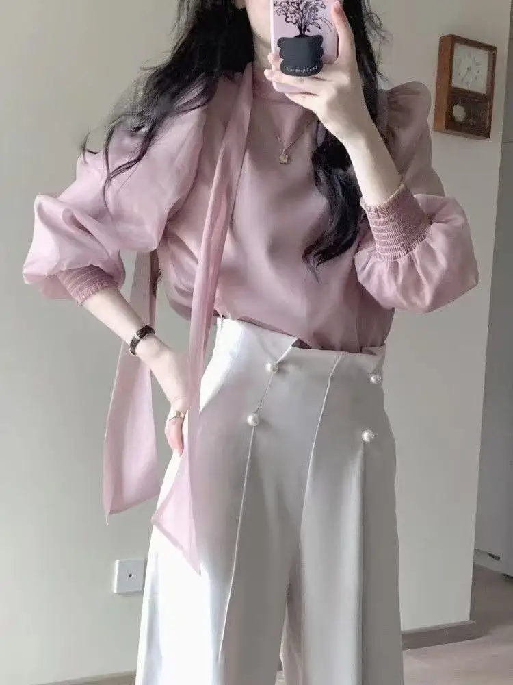 

Новый корейский легкий роскошный осенний женский костюм-двойка, элитная модная рубашка с длинными рукавами + широкие брюки, небольшой ароматный костюм