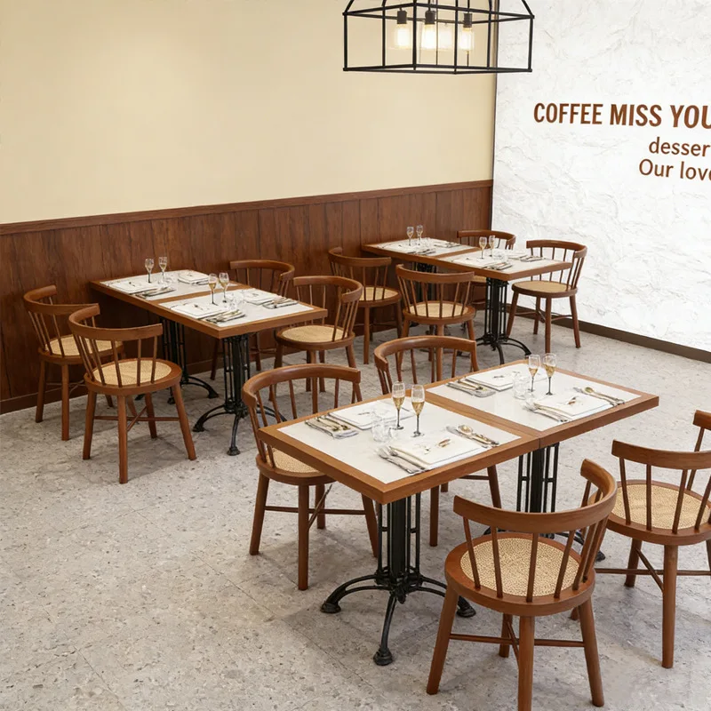 Customized American Restaurant Cafe Internet Celebrity Milk Tea Dessert Shop Small Round Table Solid Wood Rock Board Table And C