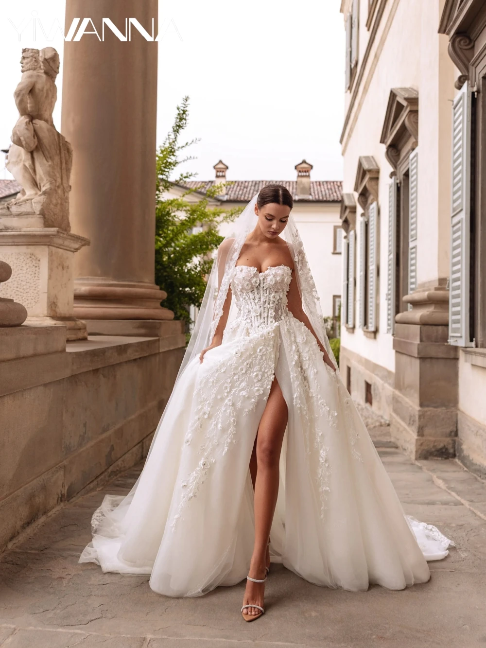 

Exquisite 3D Flower Wedding Dress With High Slit Sweetheart Neck Backless Bridal Gown Customized A-line Long Dresses For Bride