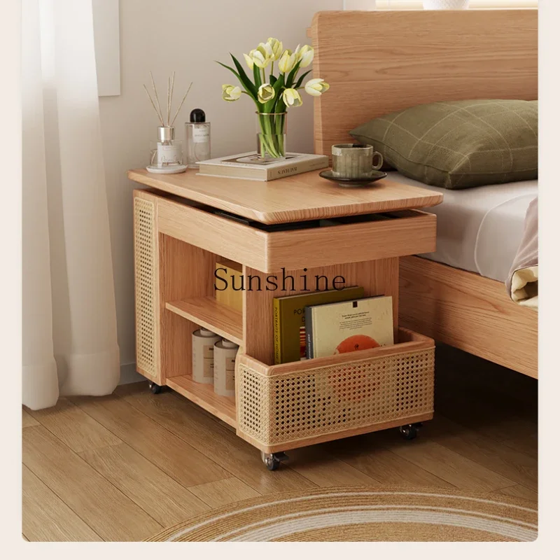 Solid wood mobile coffee table with wheels small table household living room sofa side cabinet