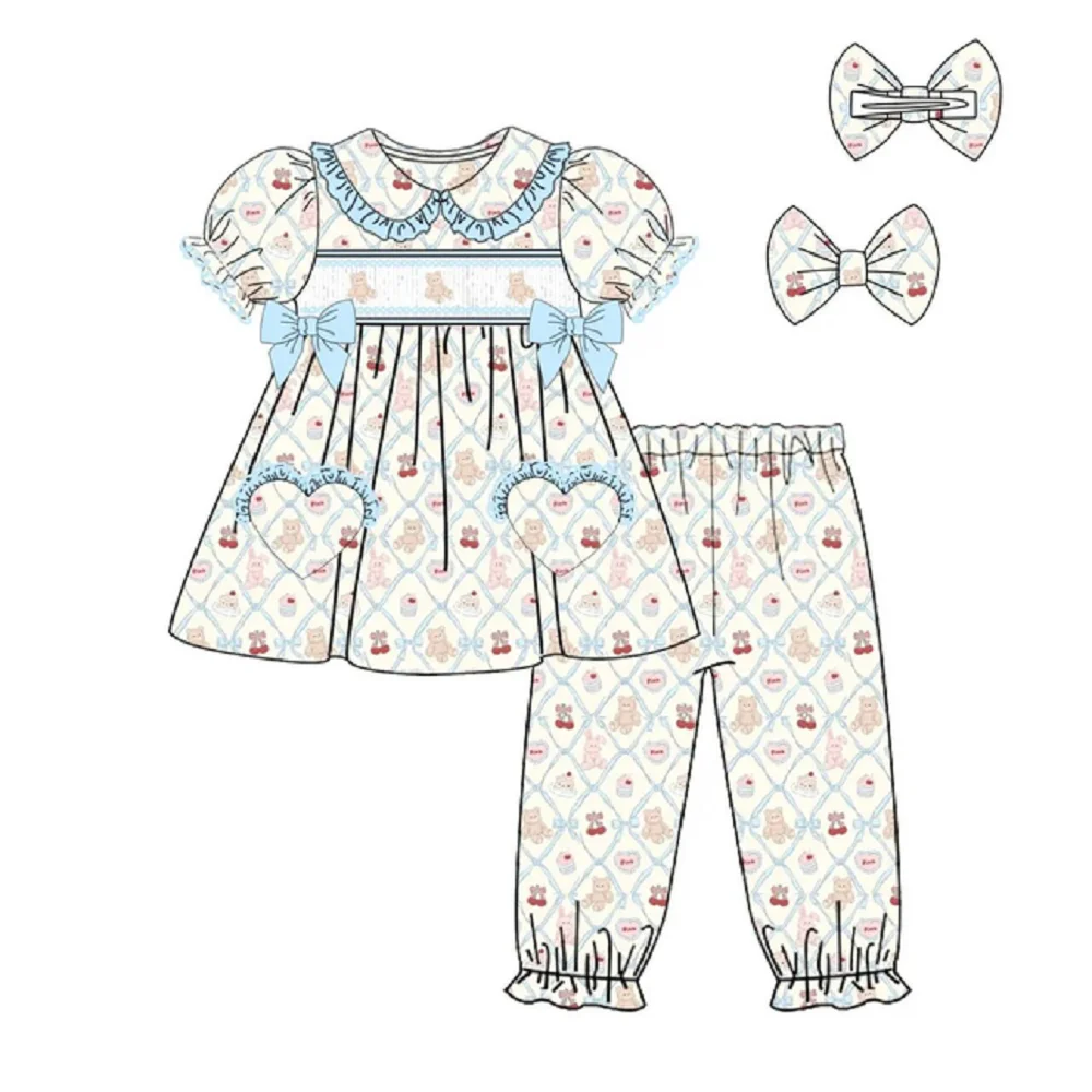 Summer New Boutique Baby Girl Clothes Short Sleeve Cartoon Animal Bow Print Trousers Elastic Two Piece Set Girl Suit Pajamas Set