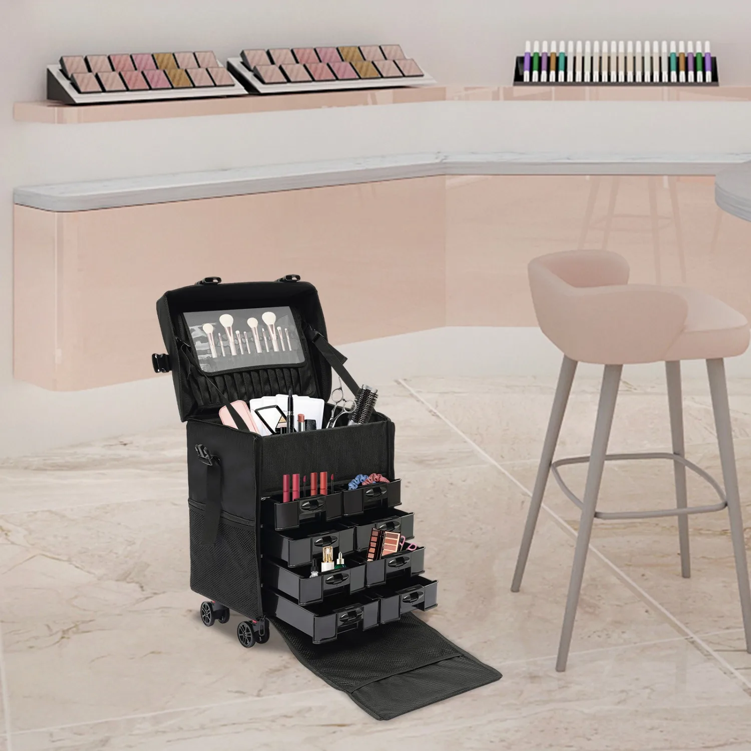 Cosmetic Case,Trolley, Makeup Case with 8 Drawers and 360° Rotating Wheels, Multi Case for Travel, Beautician, Hairdresser