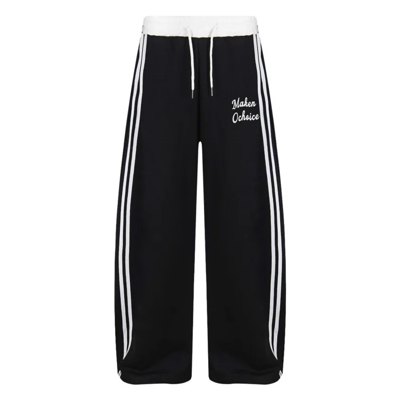 

Men's color blocked fashionable high street fashion design sense heart embroidered wide leg pants, three bar sports casual pants