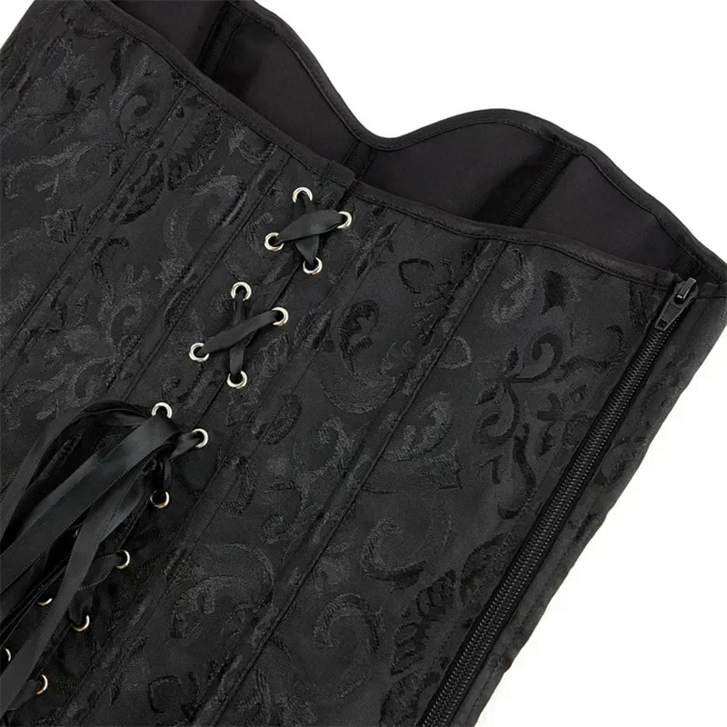 Women Vintage Corset Black Lace-Up Overbust Corset Plus Size Floral Jacquard Corselet Zipper Top Gothic Steampunk Bustier