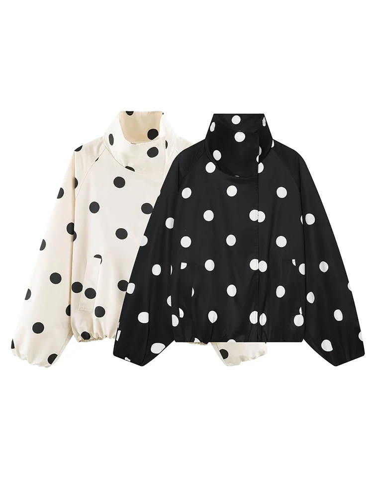 TFMLN Women Vintage Polka Dots Bomber Jacket Pockets Stand Collar Fashion Short Jacket Autumn Long Sleeve Jacket Outfits