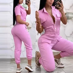 Spring Summer New Women's Clothing Solid Color Casual Multi-Pocket Waist Elastic Cargo Overalls Jumpsuit Playsuit Pants