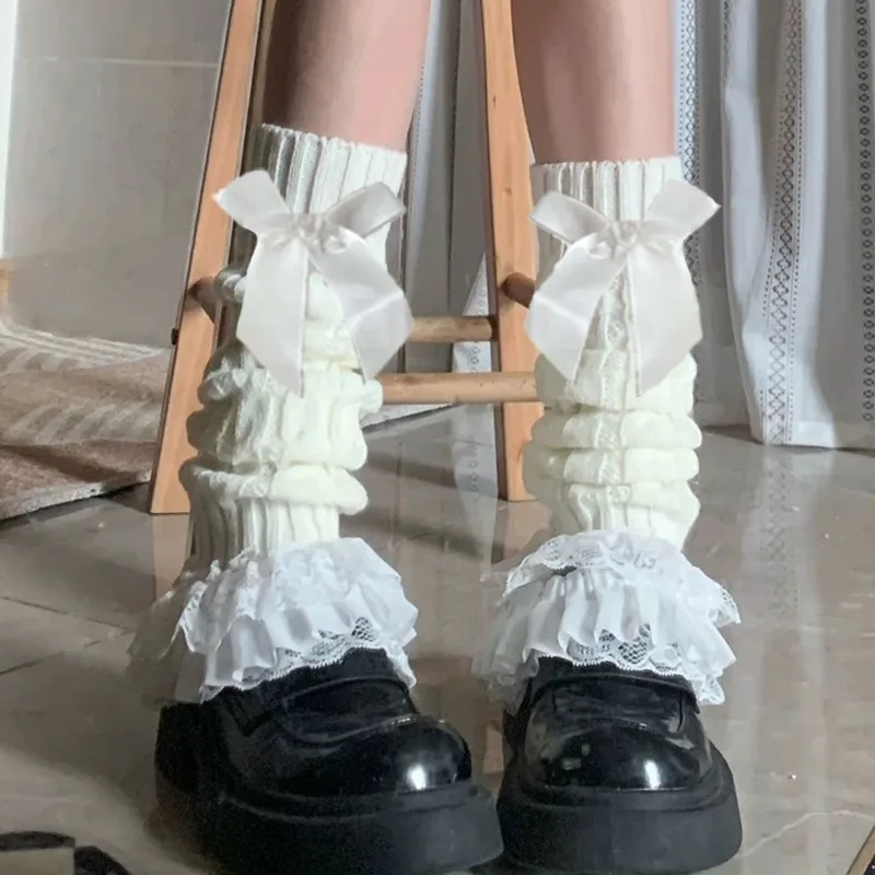 Lolita Lace Bow Leg Warmers Girls Black White Over Knee Socks Y2K Spicy Girl Flare Stockings Harajuku Women Fashion Warmers